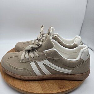 Woman's Walking Tennis Shoes Brown Tan w Stripes Size 10.5 up to 11
